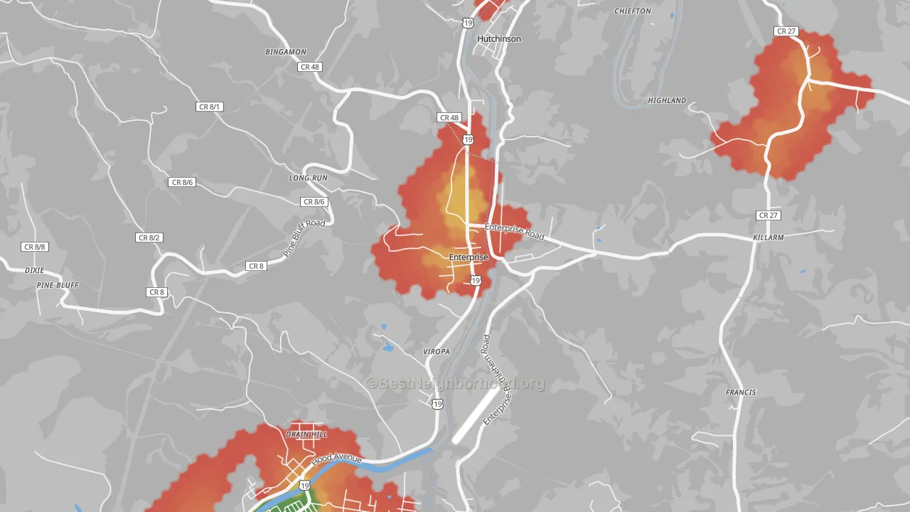 Walk Grade map of Enterprise, WV, walkable areas in green and car-dependent areas in red