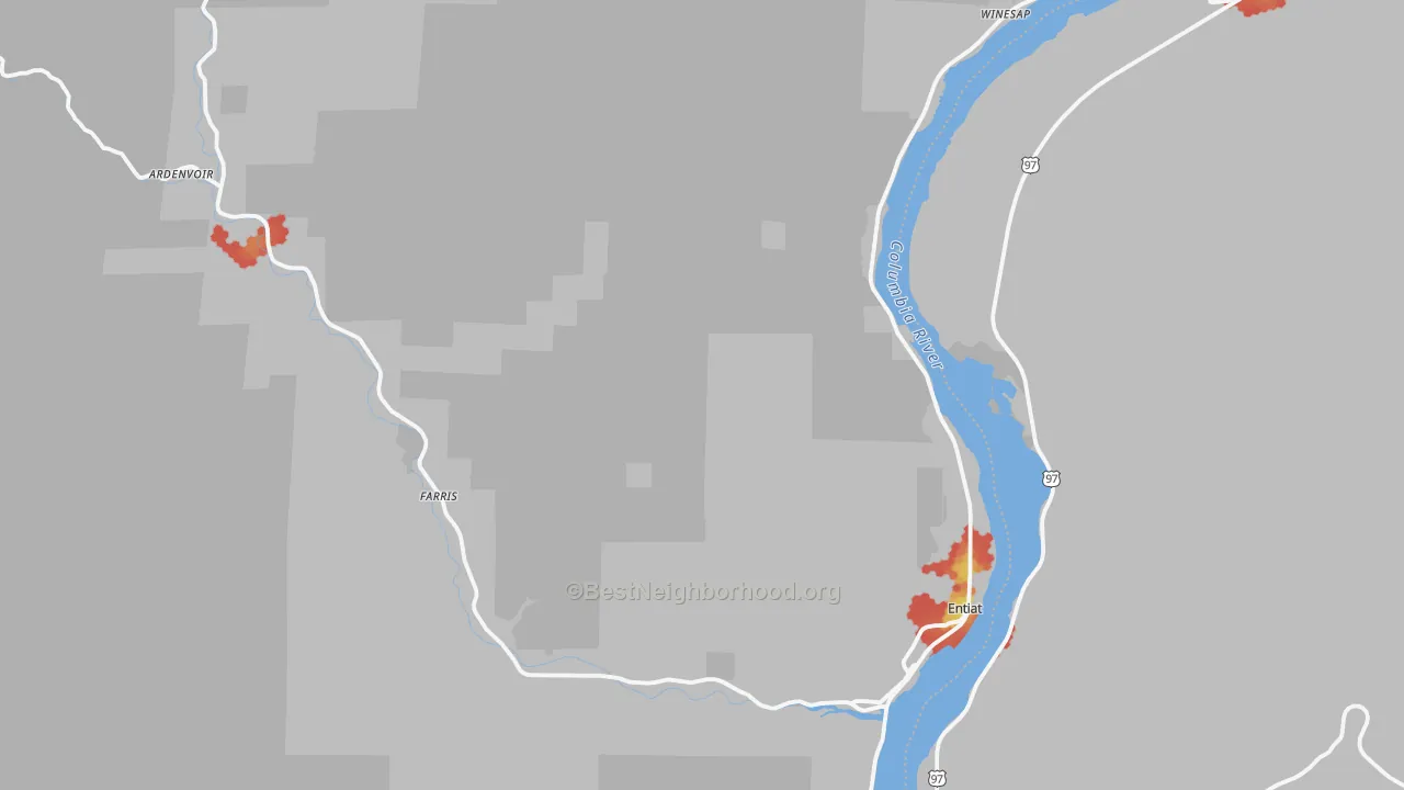 Walk Grade map of Entiat, WA, walkable areas in green and car-dependent areas in red