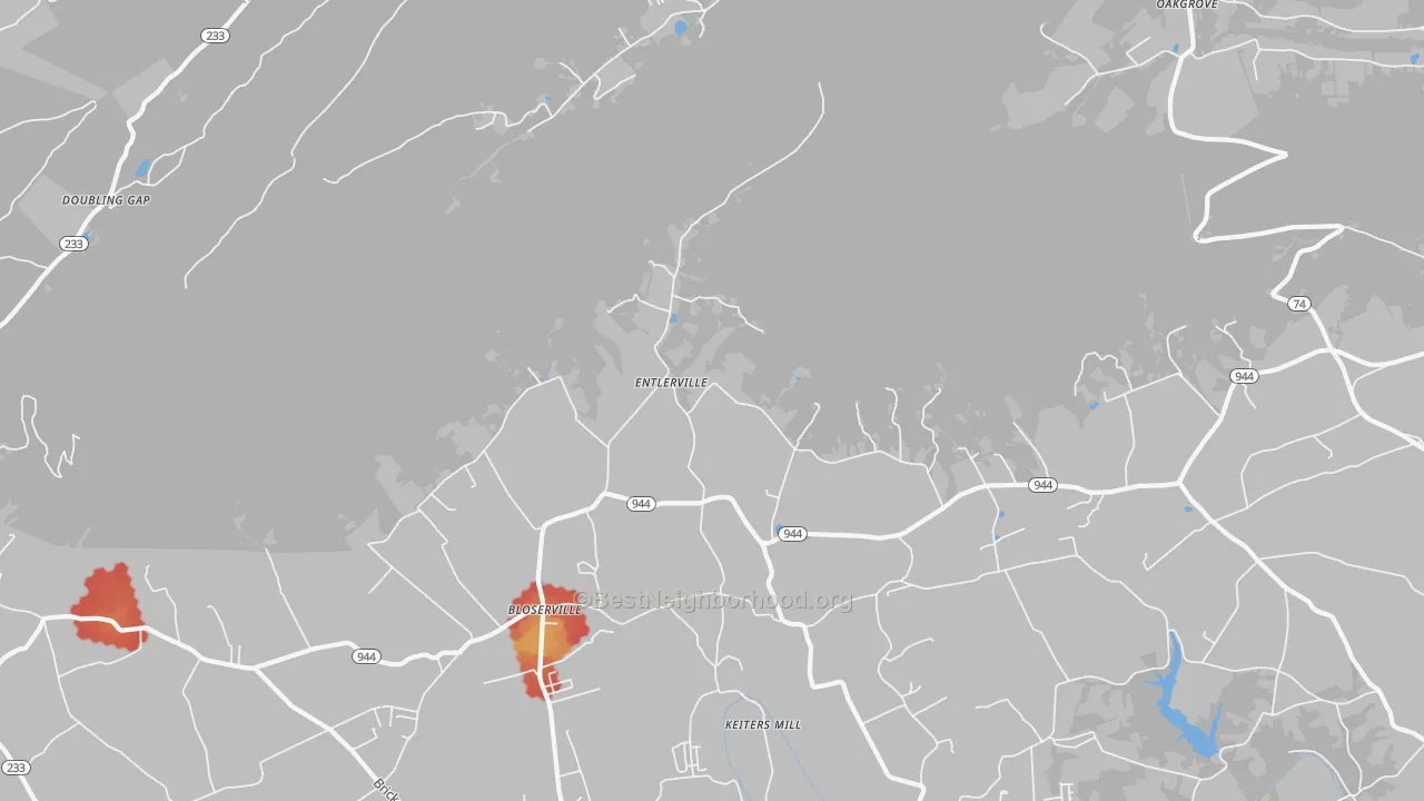 Walk Grade map of Entlerville, PA, walkable areas in green and car-dependent areas in red