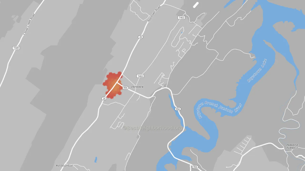 Walk Grade map of Entriken, PA, walkable areas in green and car-dependent areas in red