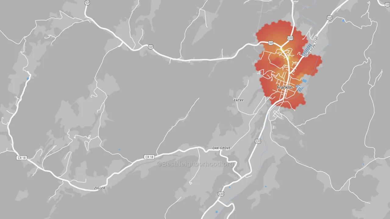Walk Grade map of Entry, WV, walkable areas in green and car-dependent areas in red