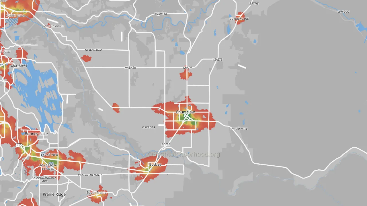 Walk Grade map of Enumclaw, WA, walkable areas in green and car-dependent areas in red