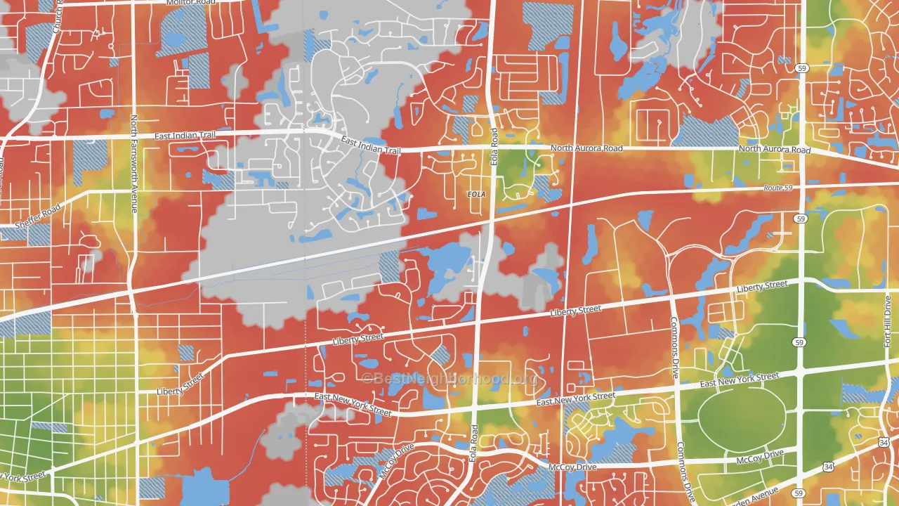 Walk Grade map of Eola, IL, walkable areas in green and car-dependent areas in red
