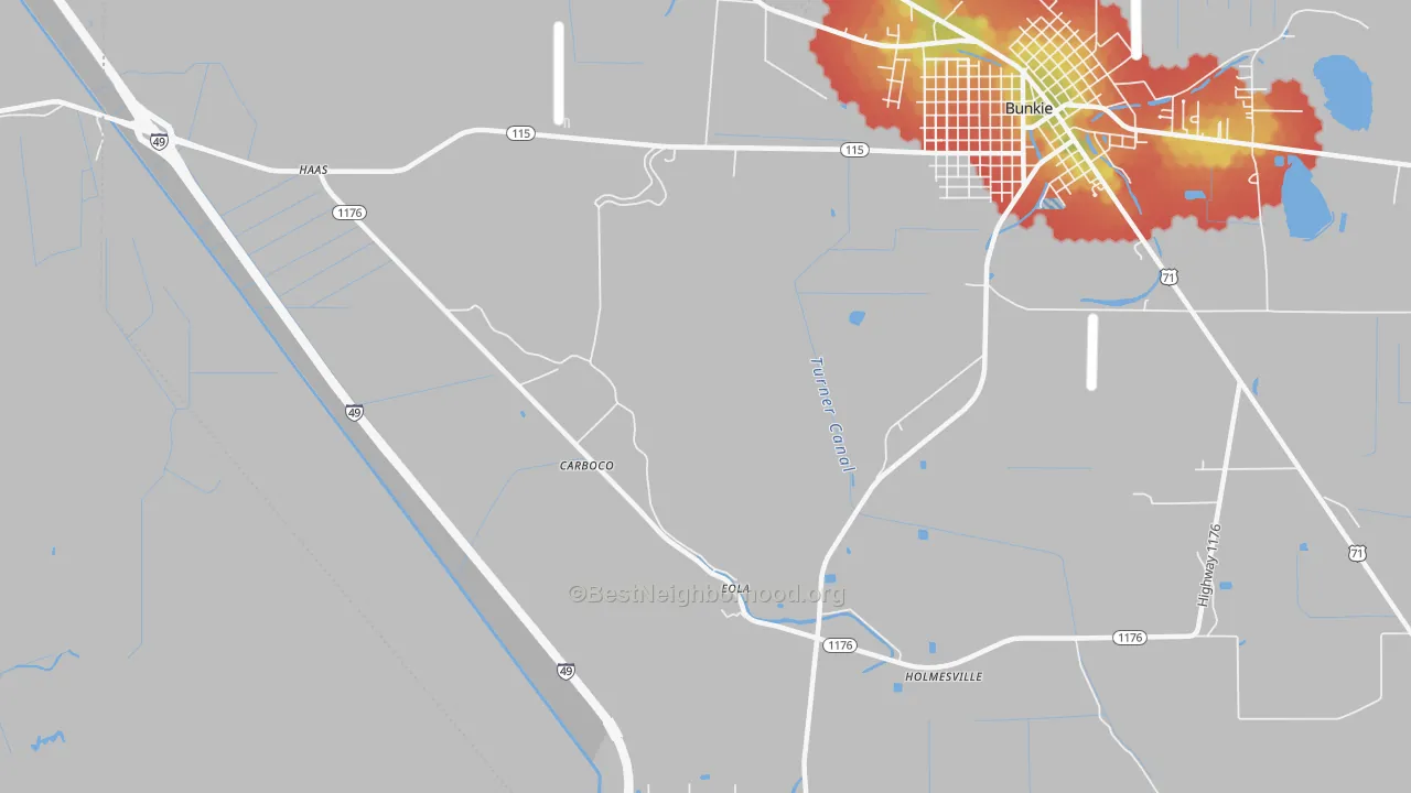 Walk Grade map of Eola, LA, walkable areas in green and car-dependent areas in red