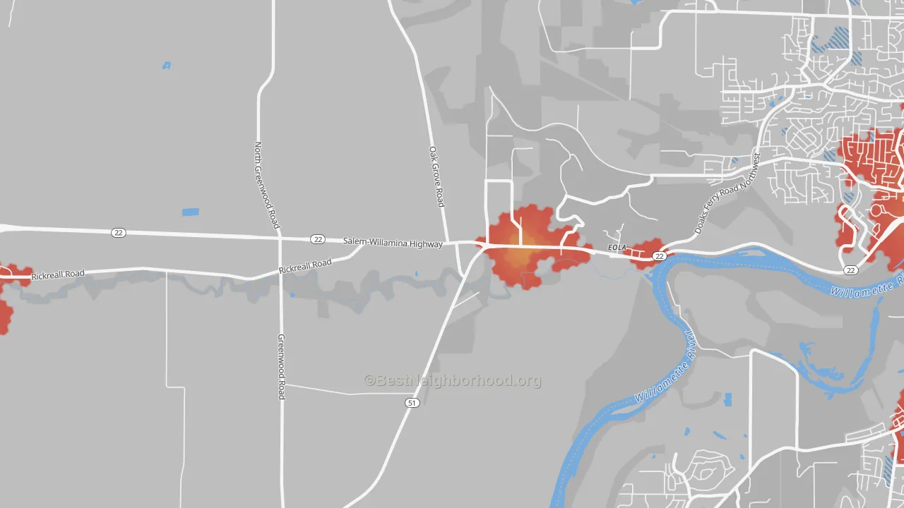 Walk Grade map of Eola, OR, walkable areas in green and car-dependent areas in red