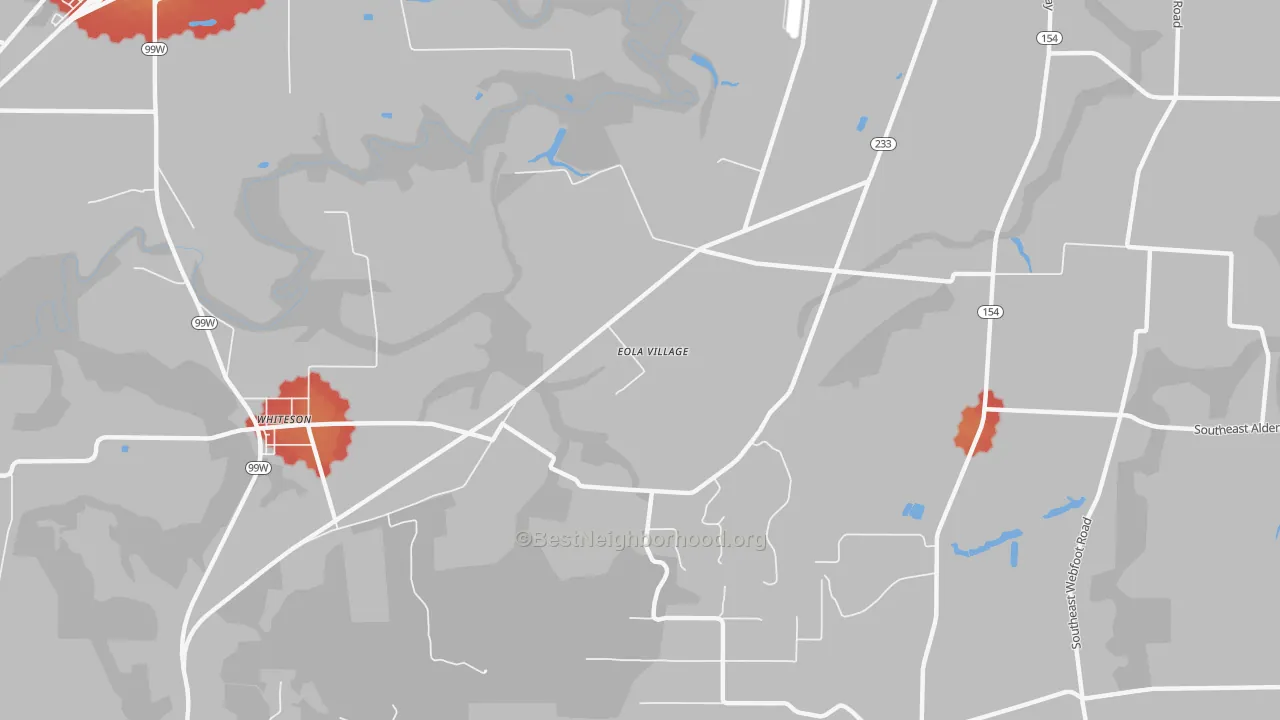 Walk Grade map of Eola Village, OR, walkable areas in green and car-dependent areas in red