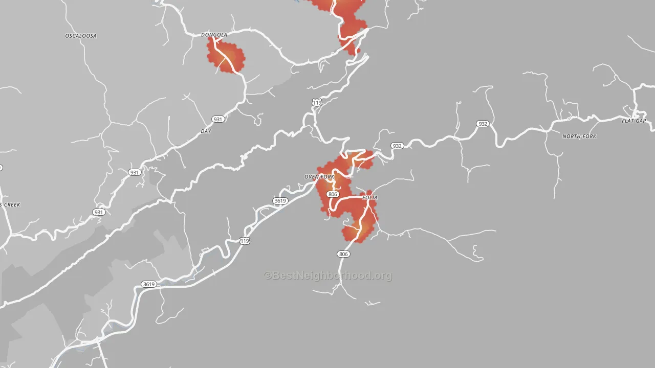 Walk Grade map of Eolia, KY, walkable areas in green and car-dependent areas in red