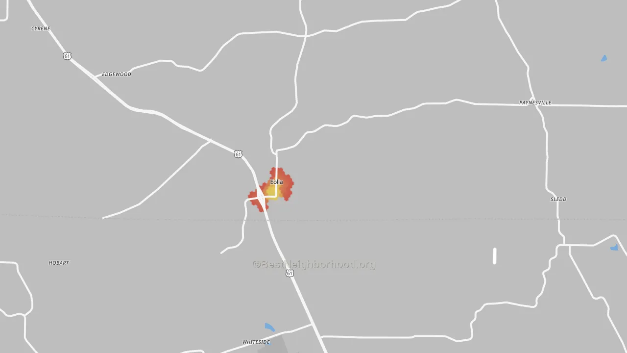 Walk Grade map of Eolia, MO, walkable areas in green and car-dependent areas in red