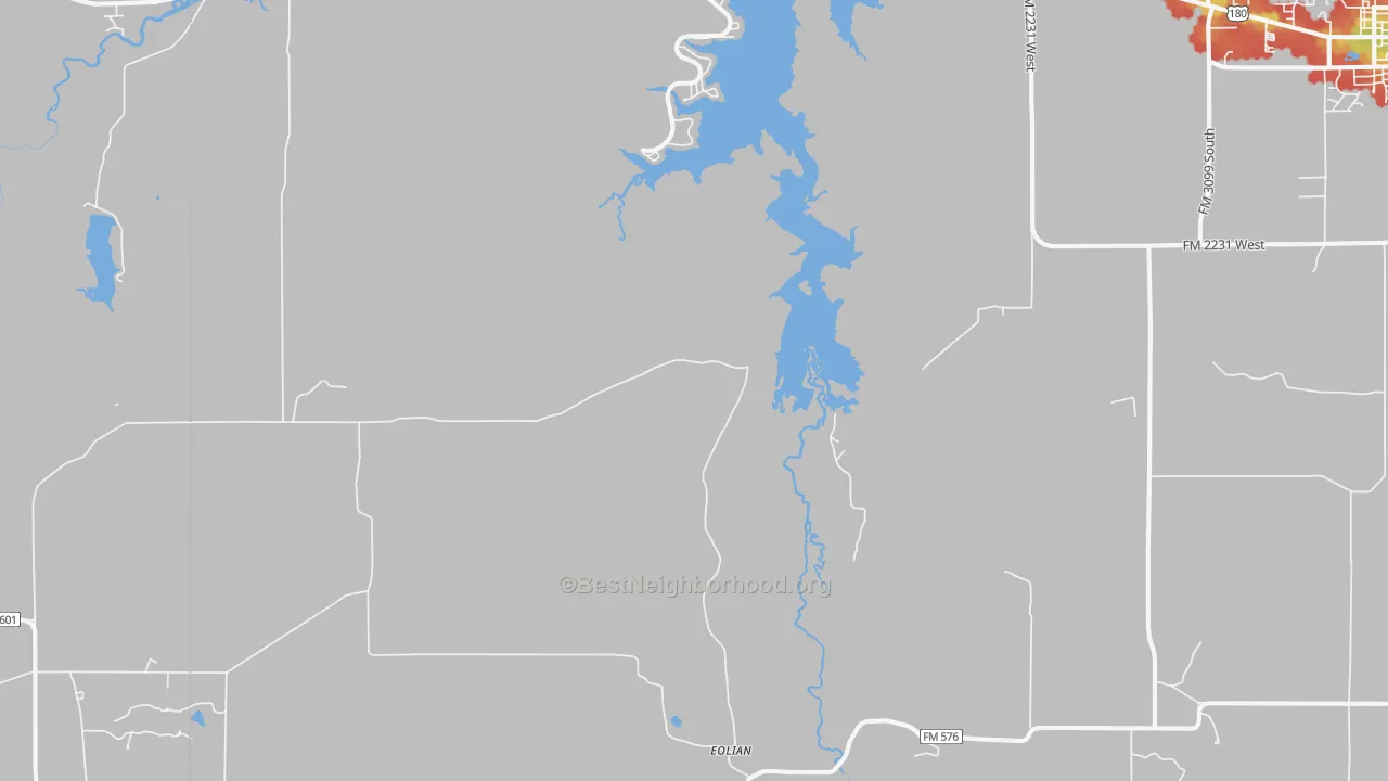 Walk Grade map of Eolian, TX, walkable areas in green and car-dependent areas in red