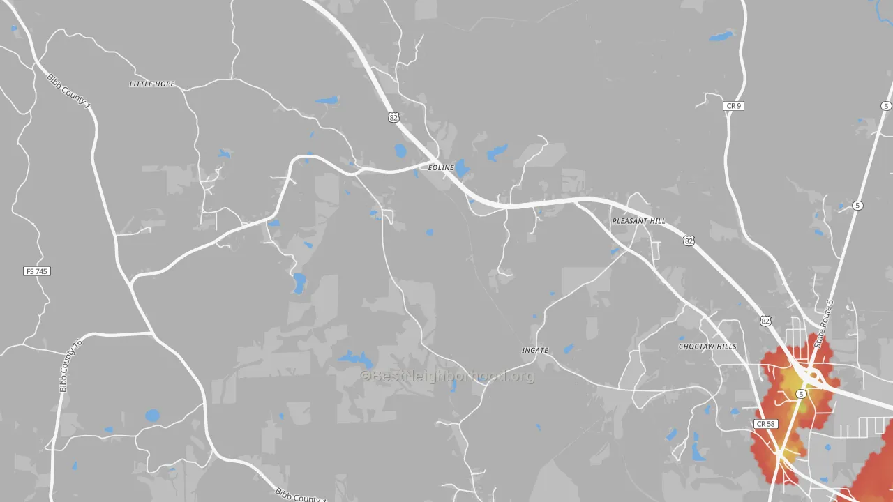 Walk Grade map of Eoline, AL, walkable areas in green and car-dependent areas in red