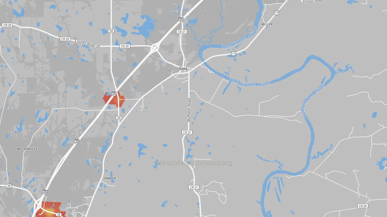 Walk Grade map of Epes, AL, walkable areas in green and car-dependent areas in red