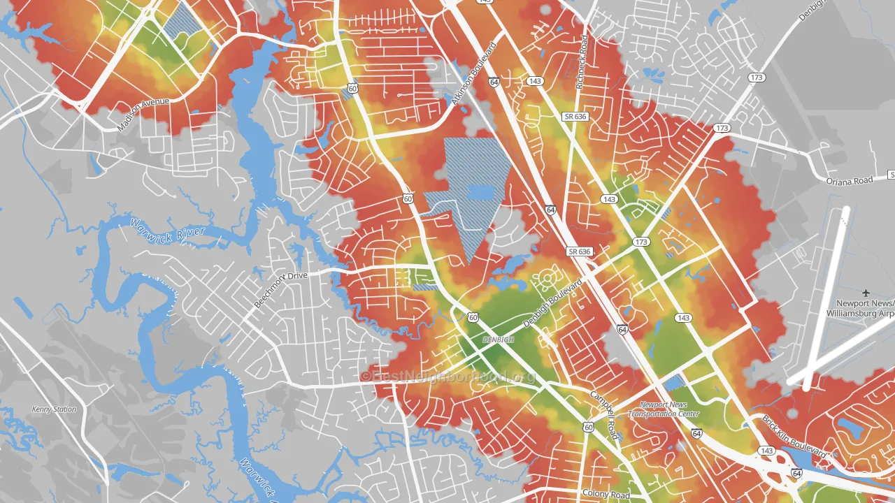 Walk Grade map of Epes, Newport News, VA, walkable areas in green and car-dependent areas in red