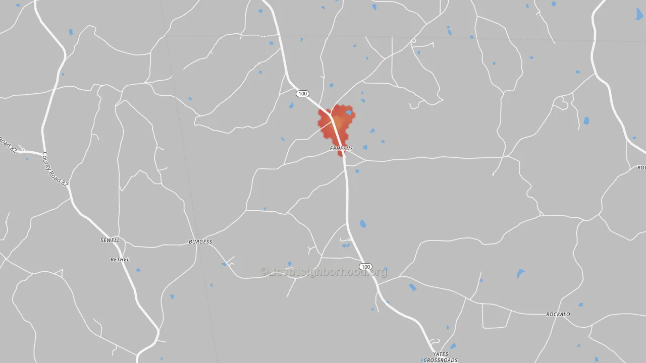 Walk Grade map of Ephesus, GA, walkable areas in green and car-dependent areas in red