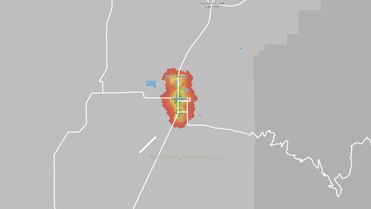 Walk Grade map of Ephraim, UT, walkable areas in green and car-dependent areas in red