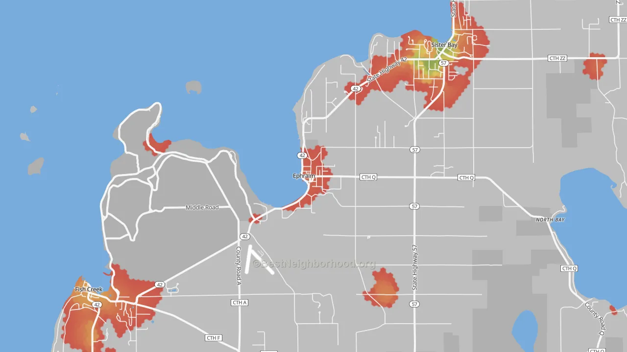 Walk Grade map of Ephraim, WI, walkable areas in green and car-dependent areas in red
