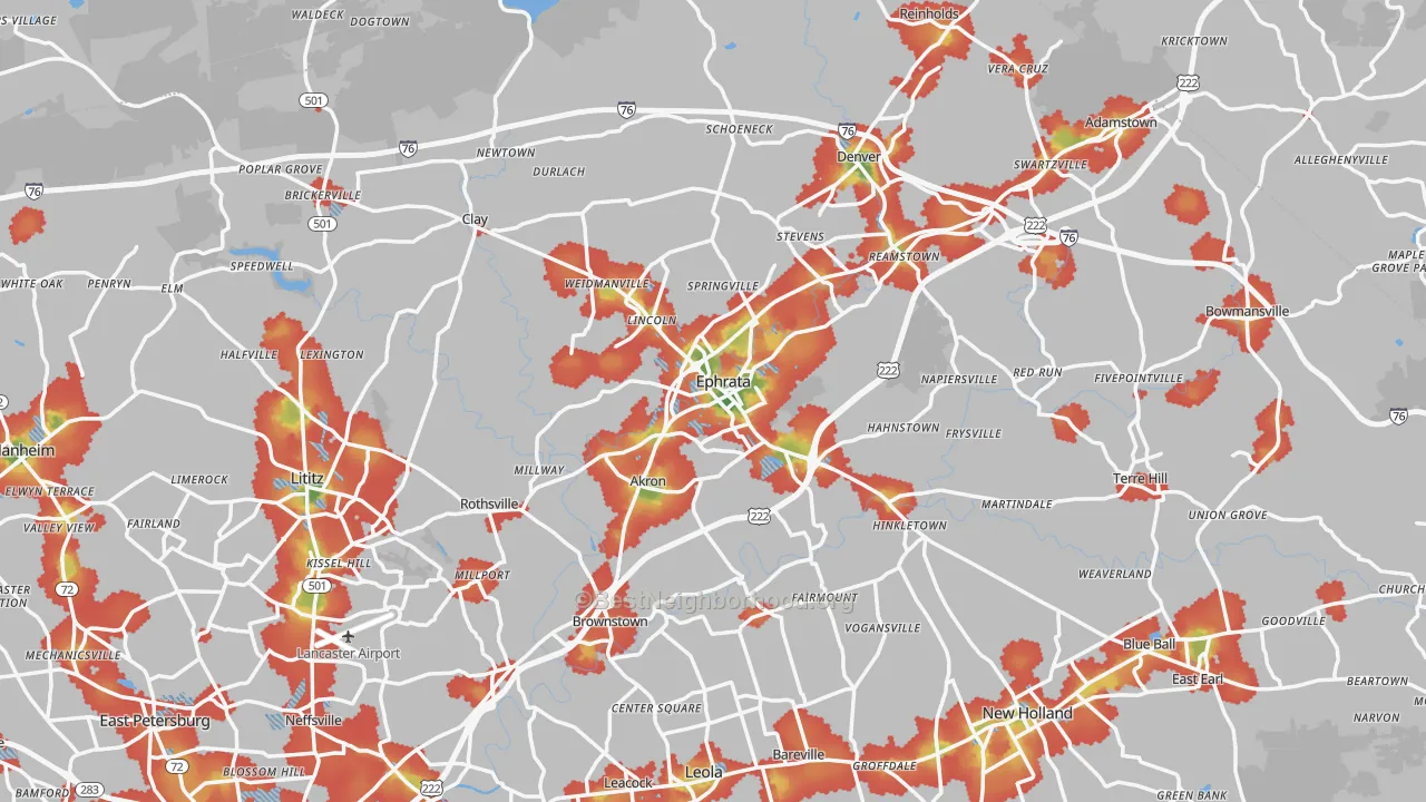 Walk Grade map of Ephrata, PA, walkable areas in green and car-dependent areas in red