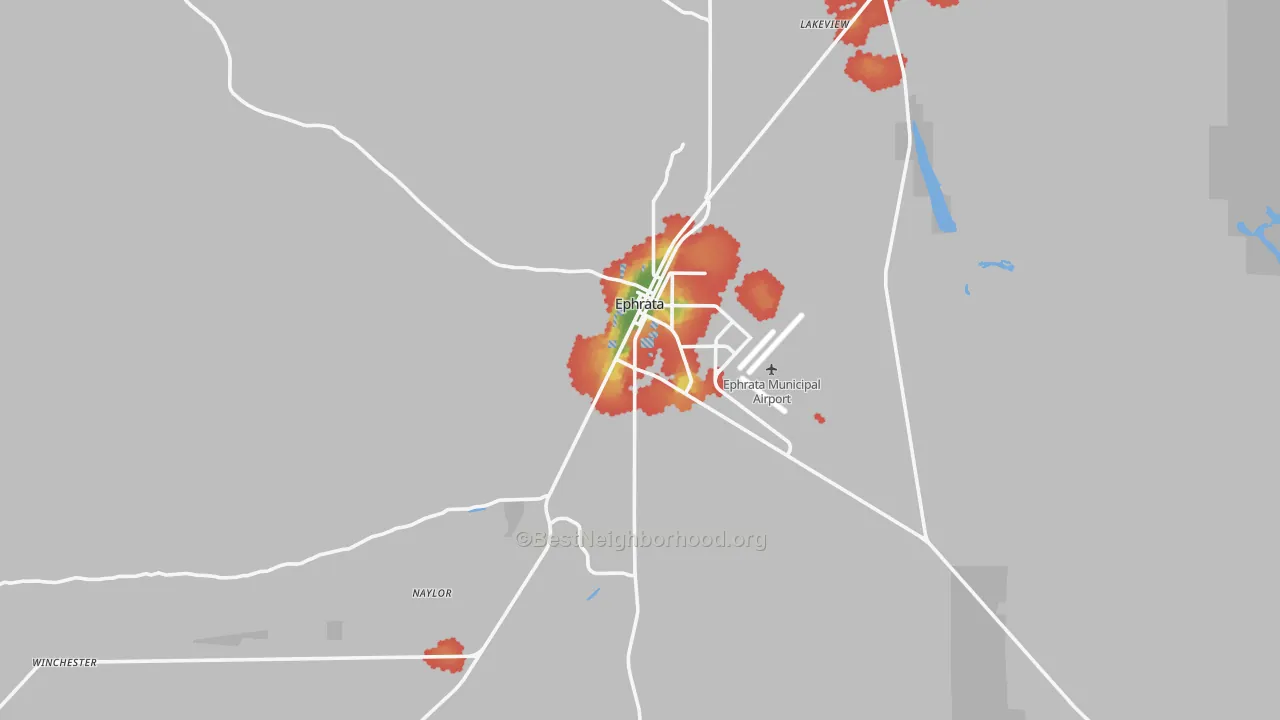 Walk Grade map of Ephrata, WA, walkable areas in green and car-dependent areas in red