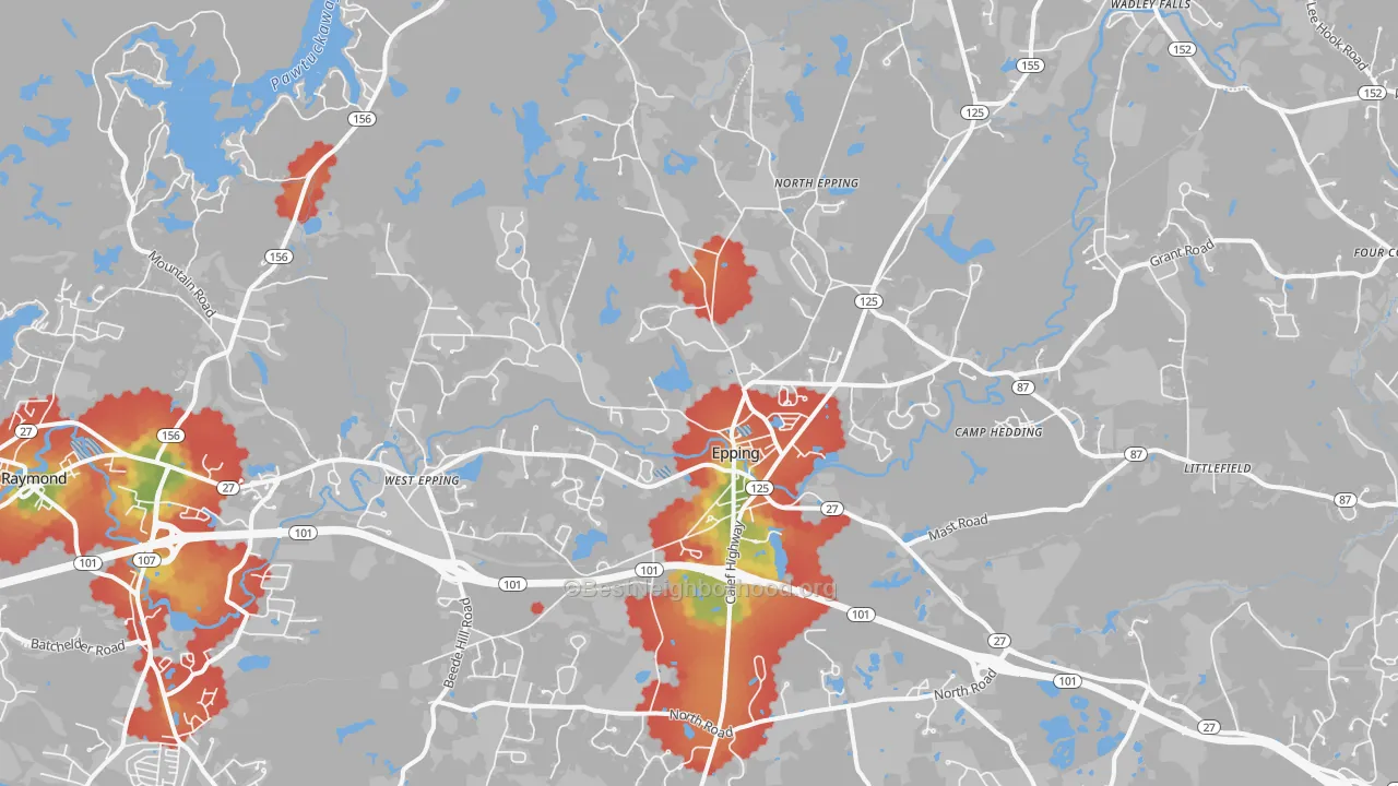 Walk Grade map of Epping, NH, walkable areas in green and car-dependent areas in red