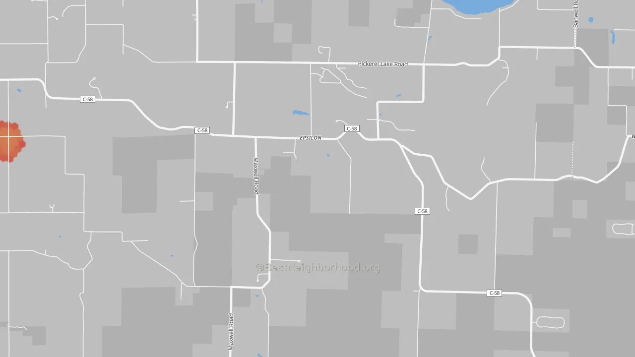 Walk Grade map of Epsilon, MI, walkable areas in green and car-dependent areas in red