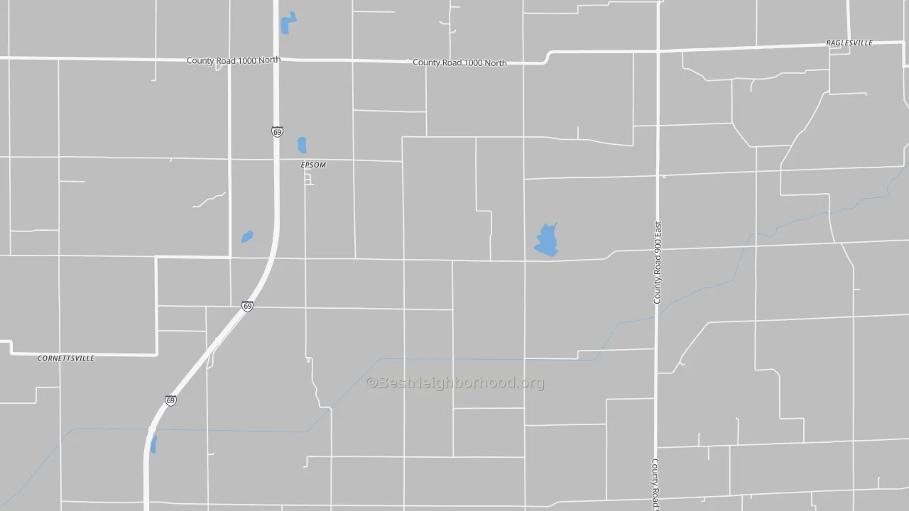 Walk Grade map of Epsom, IN, walkable areas in green and car-dependent areas in red