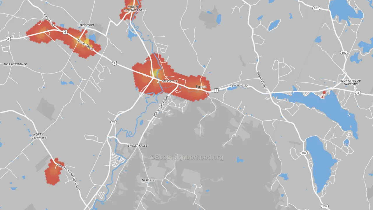 Walk Grade map of Epsom, NH, walkable areas in green and car-dependent areas in red