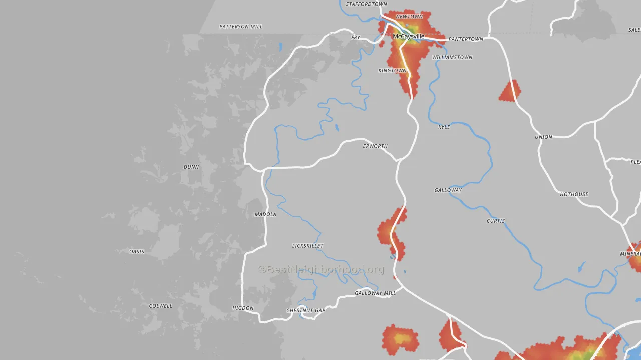 Walk Grade map of Epworth, GA, walkable areas in green and car-dependent areas in red