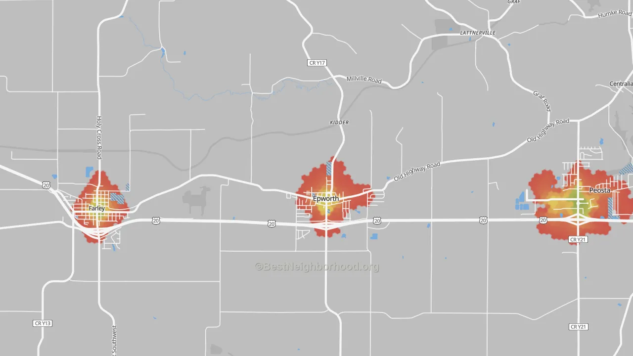 Walk Grade map of Epworth, IA, walkable areas in green and car-dependent areas in red
