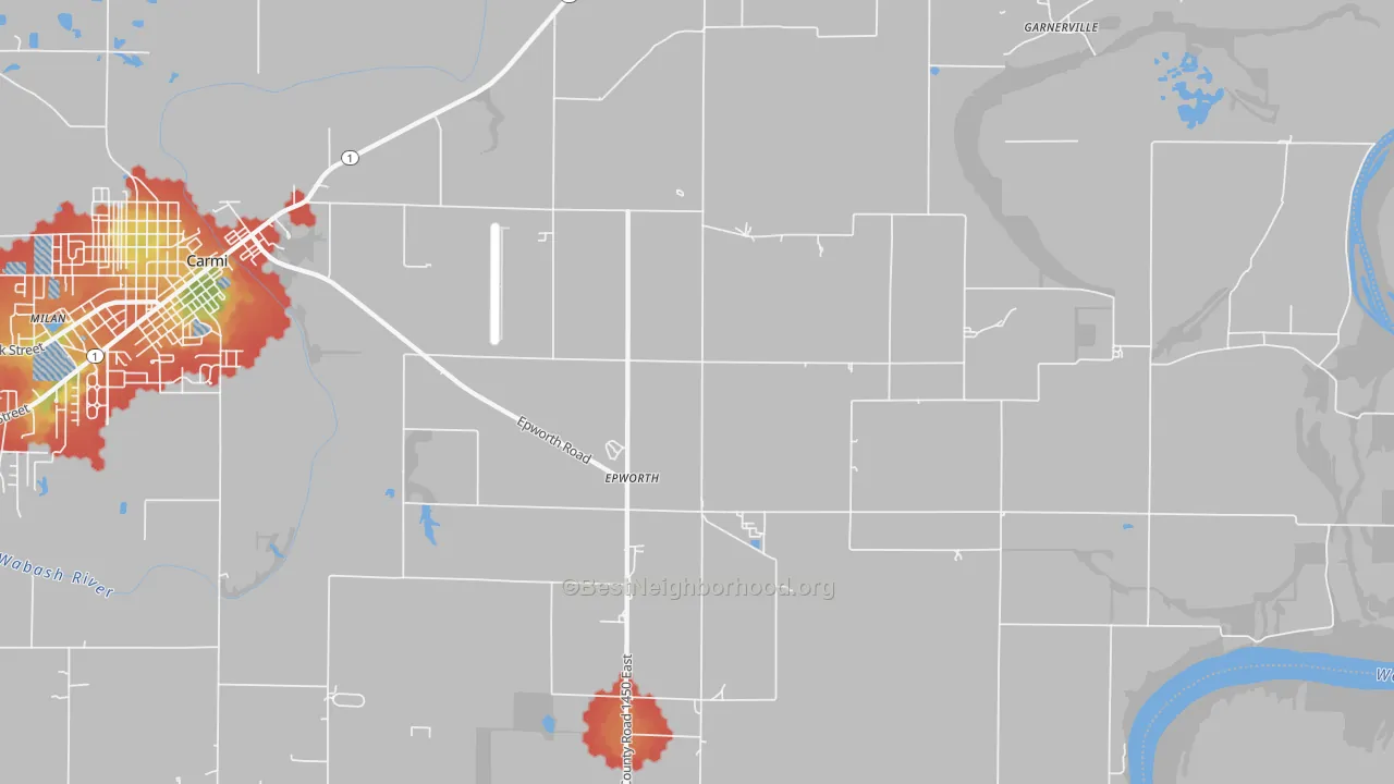 Walk Grade map of Epworth, IL, walkable areas in green and car-dependent areas in red