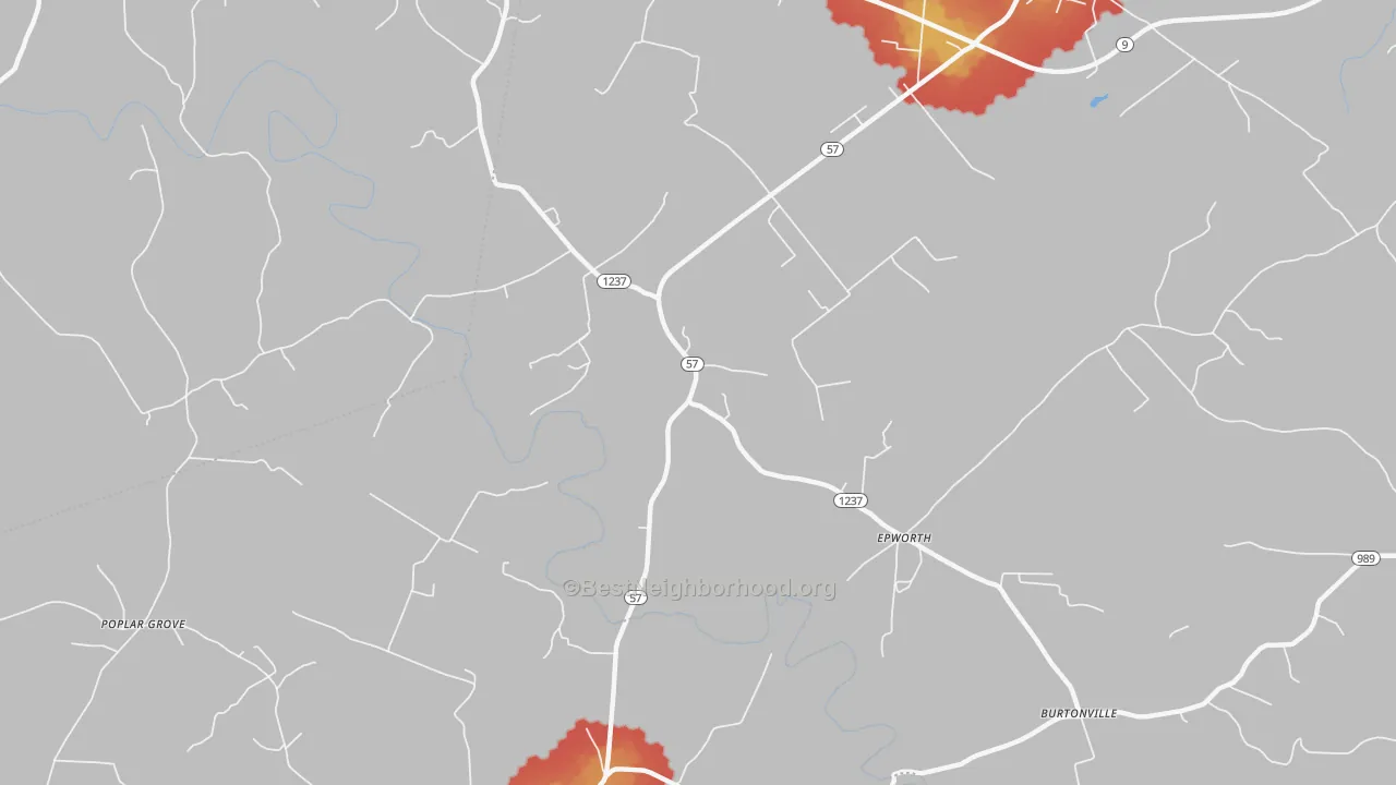 Walk Grade map of Epworth, KY, walkable areas in green and car-dependent areas in red