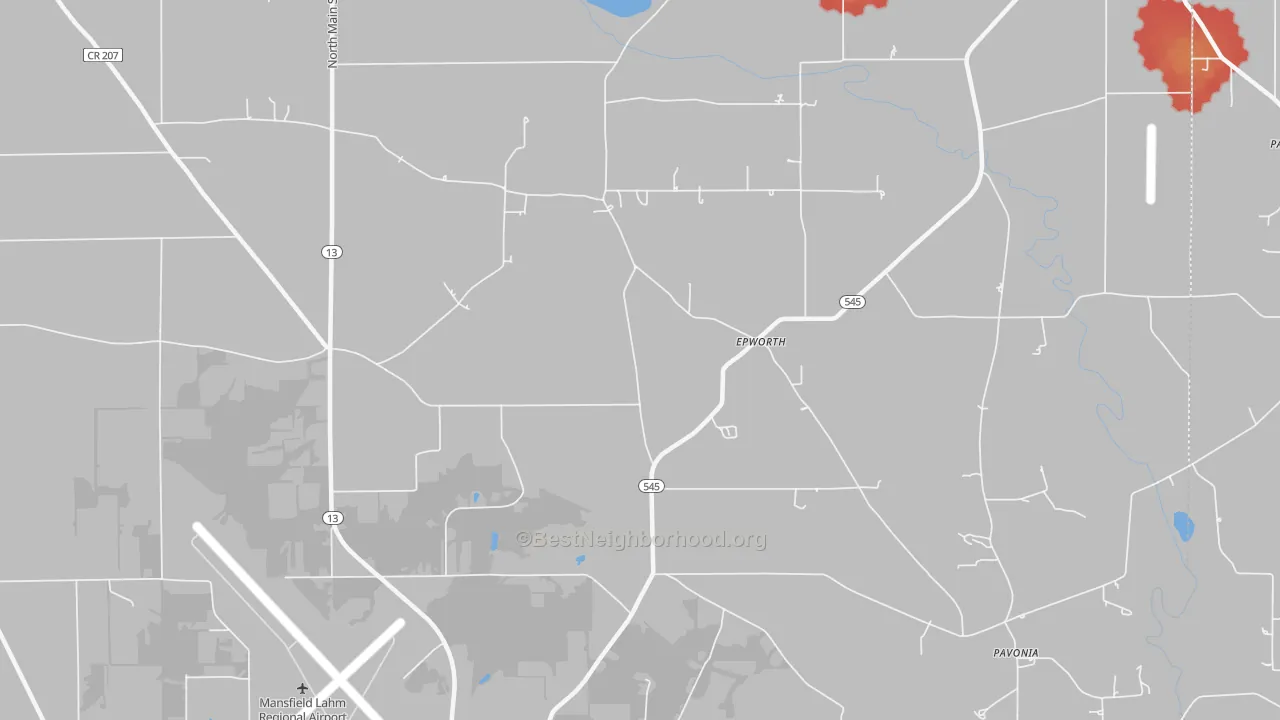 Walk Grade map of Epworth, OH, walkable areas in green and car-dependent areas in red