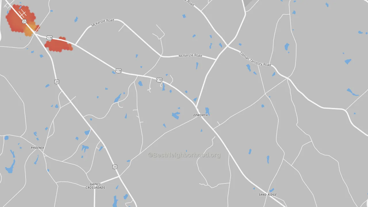 Walk Grade map of Epworth, SC, walkable areas in green and car-dependent areas in red