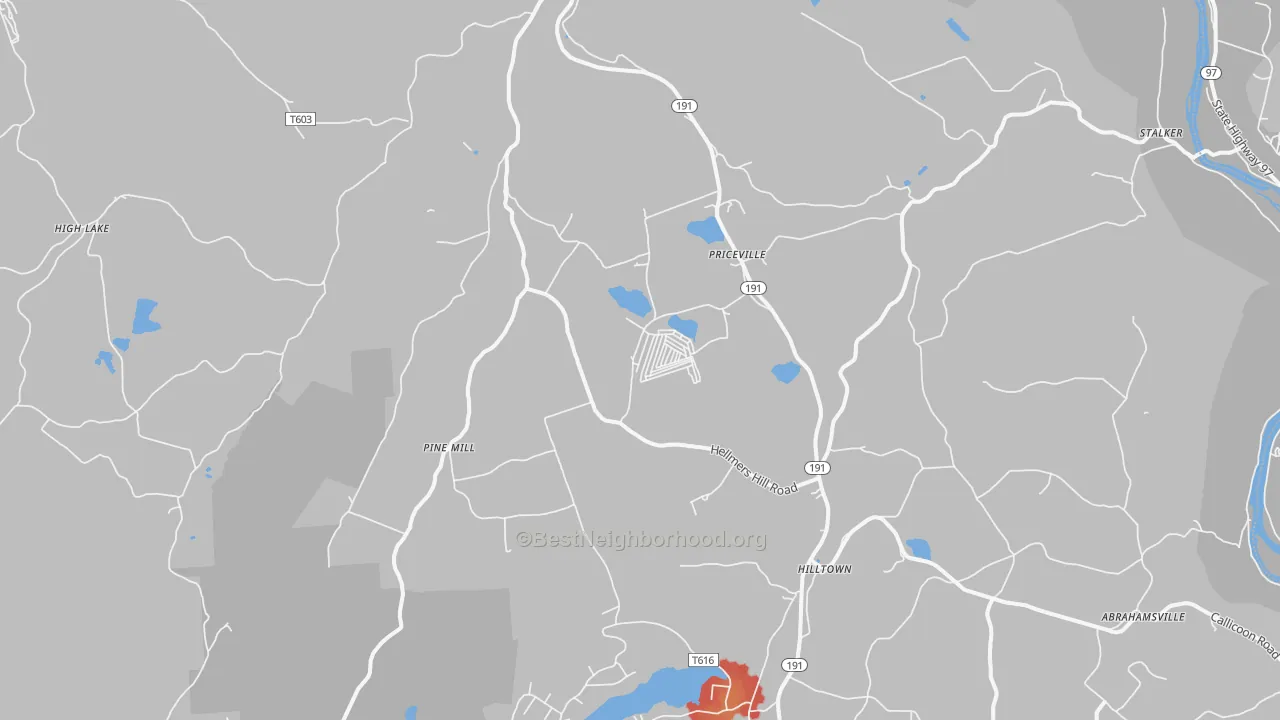 Walk Grade map of Equinunk, PA, walkable areas in green and car-dependent areas in red