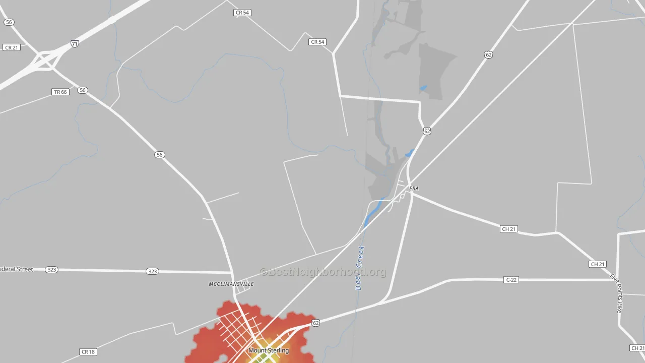 Walk Grade map of Era, OH, walkable areas in green and car-dependent areas in red
