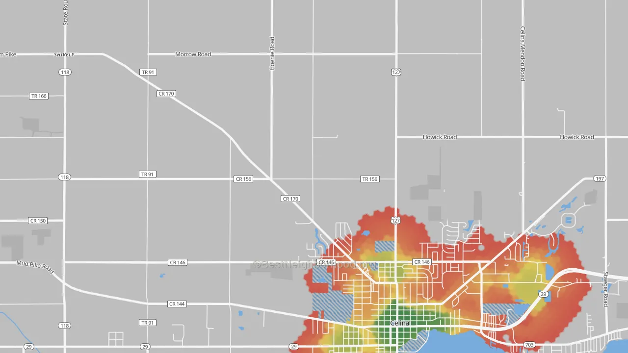 Walk Grade map of Erastus, OH, walkable areas in green and car-dependent areas in red