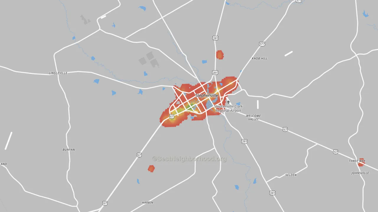 Walk Grade map of Erath County, TX, walkable areas in green and car-dependent areas in red