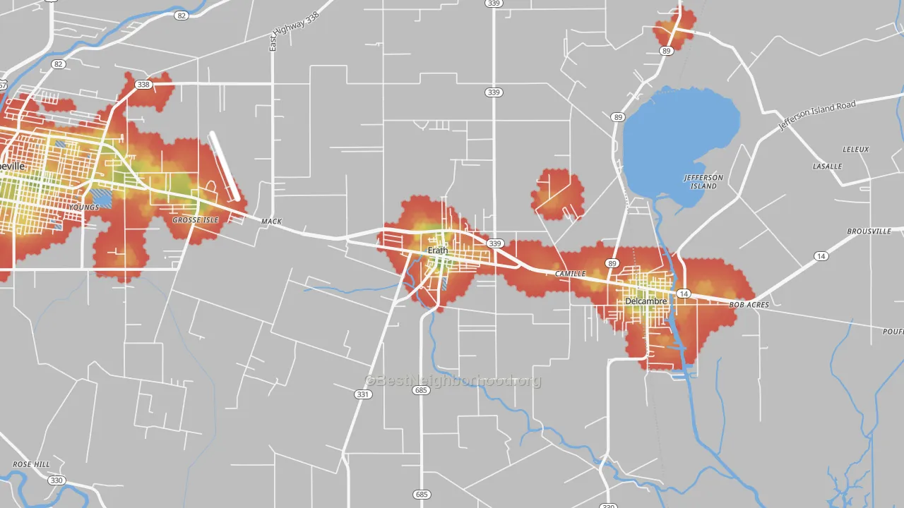 Walk Grade map of Erath, LA, walkable areas in green and car-dependent areas in red