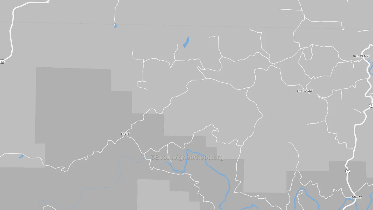 Walk Grade map of Erbie, AR, walkable areas in green and car-dependent areas in red
