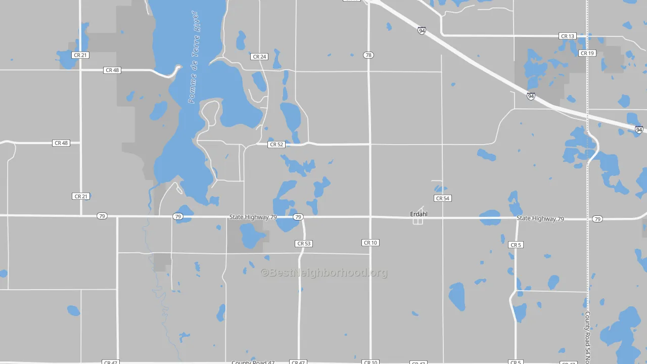 Walk Grade map of Erdahl, MN, walkable areas in green and car-dependent areas in red