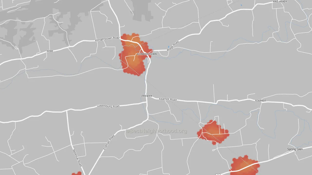 Walk Grade map of Erdman, PA, walkable areas in green and car-dependent areas in red