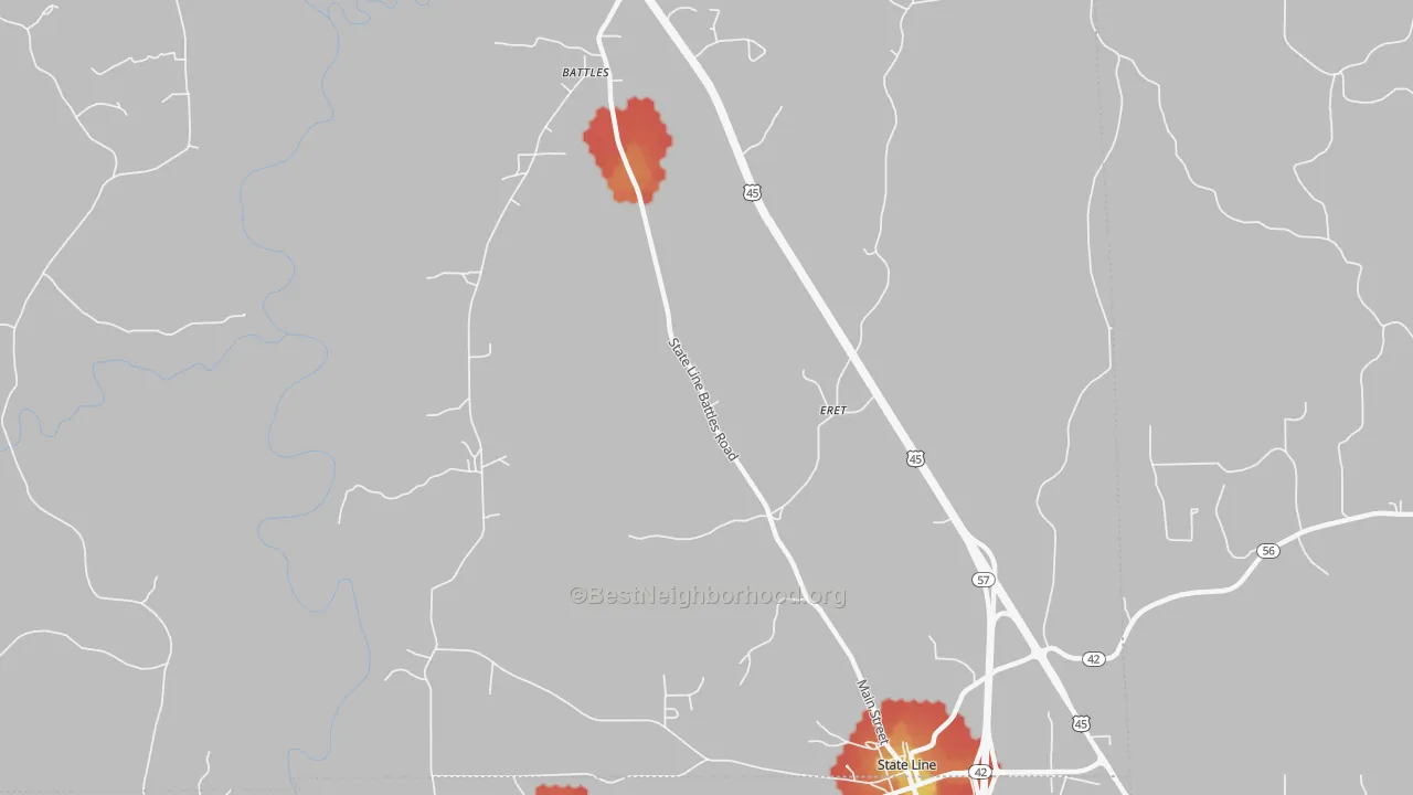 Walk Grade map of Eret, MS, walkable areas in green and car-dependent areas in red