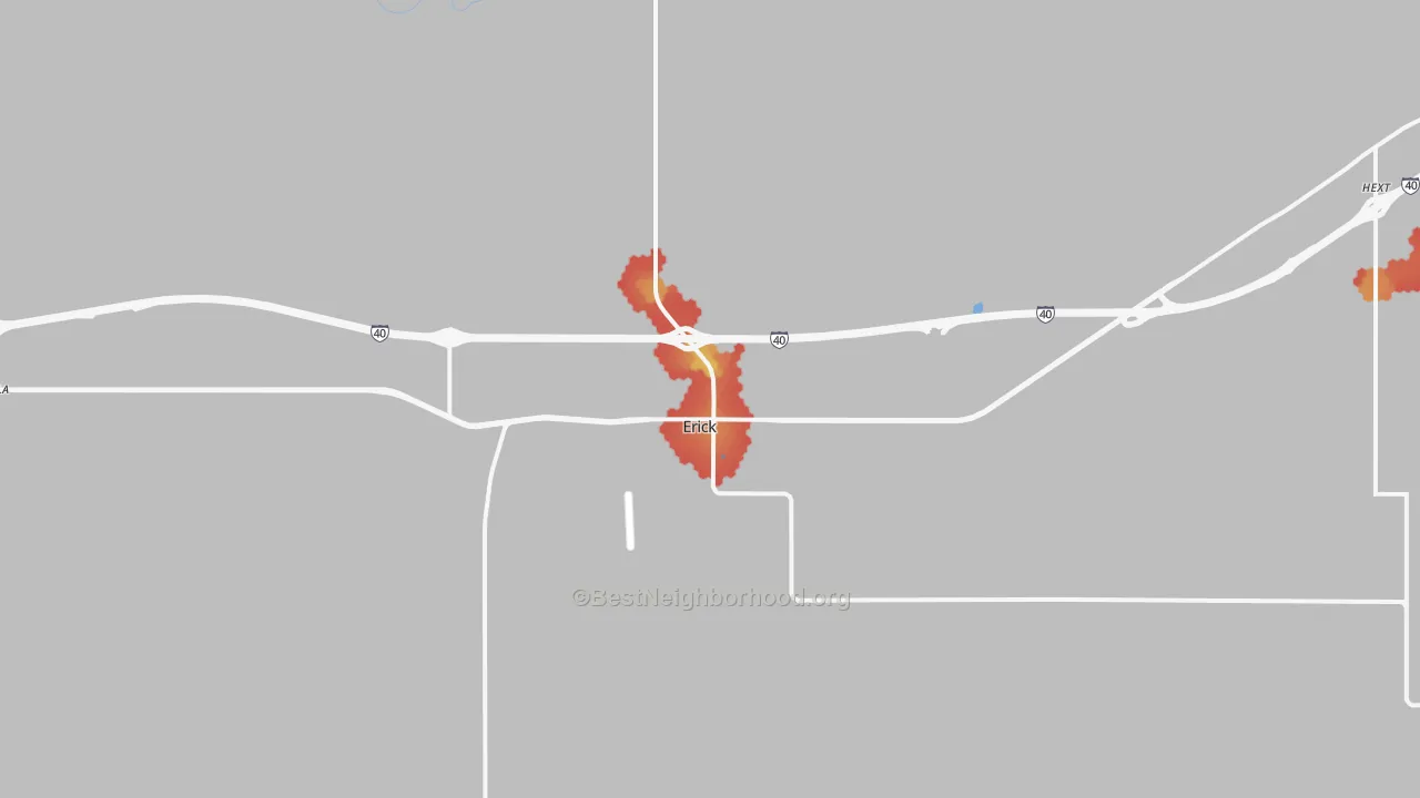 Walk Grade map of Erick, OK, walkable areas in green and car-dependent areas in red