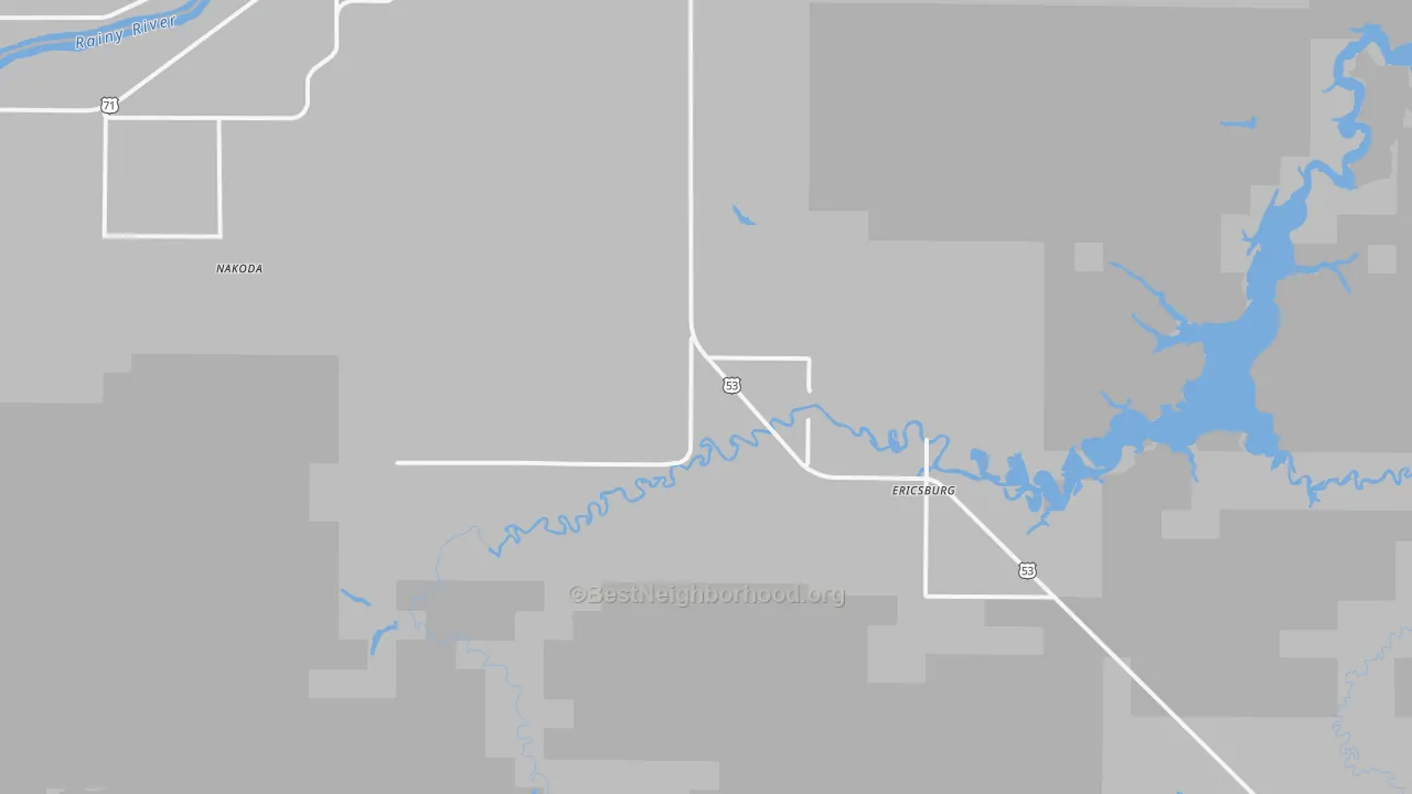 Walk Grade map of Ericsburg, MN, walkable areas in green and car-dependent areas in red