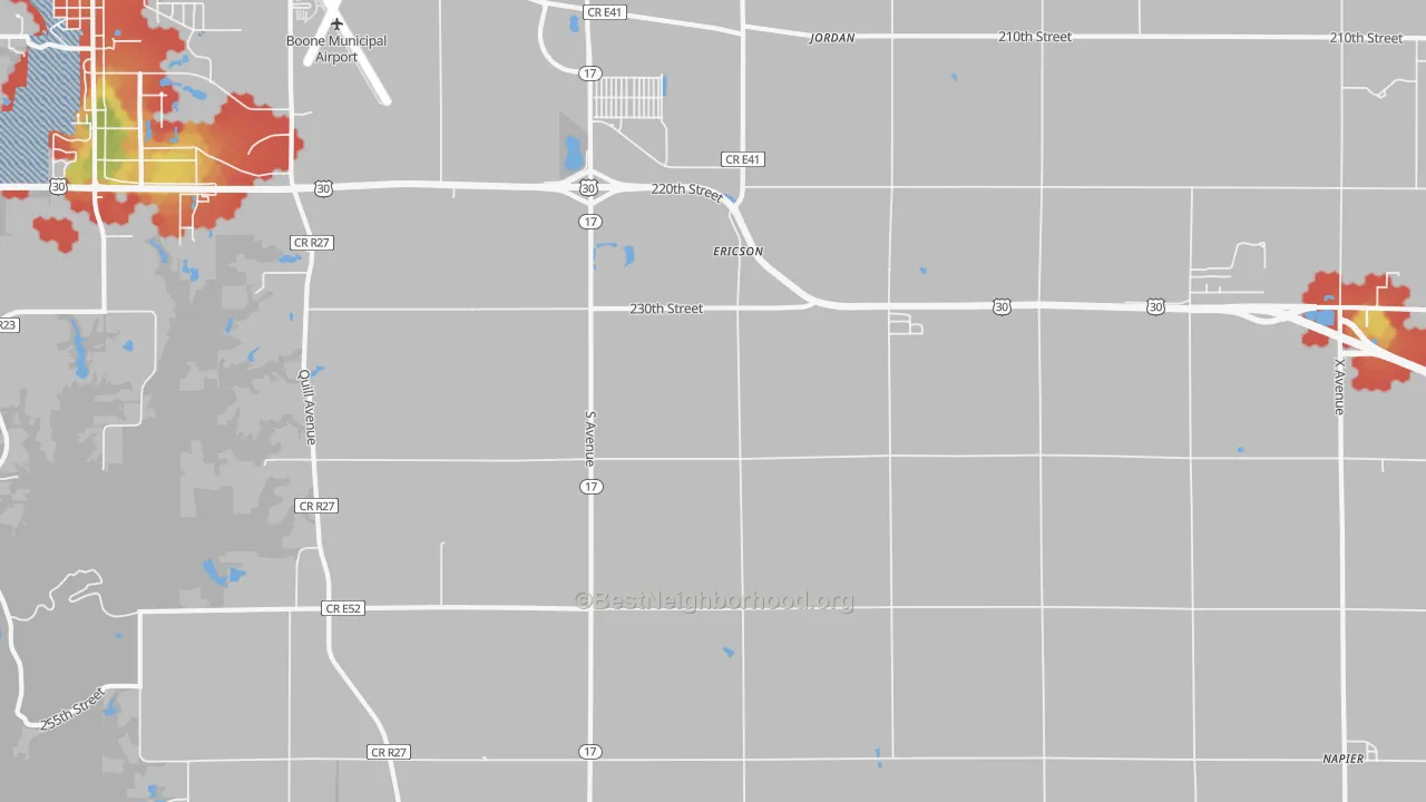 Walk Grade map of Ericson, IA, walkable areas in green and car-dependent areas in red