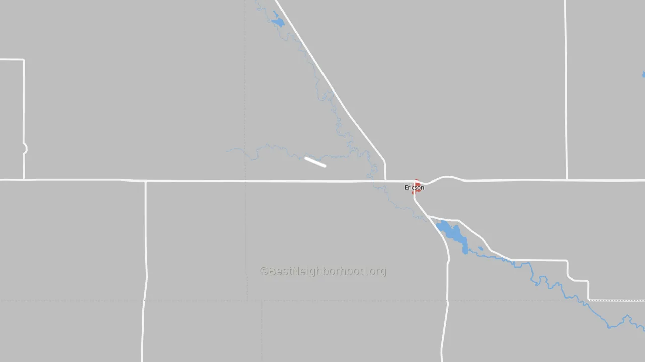 Walk Grade map of Ericson, NE, walkable areas in green and car-dependent areas in red
