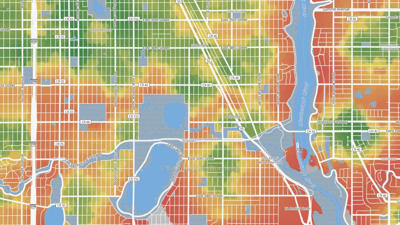 Walk Grade map of Ericsson, Minneapolis, MN, walkable areas in green and car-dependent areas in red