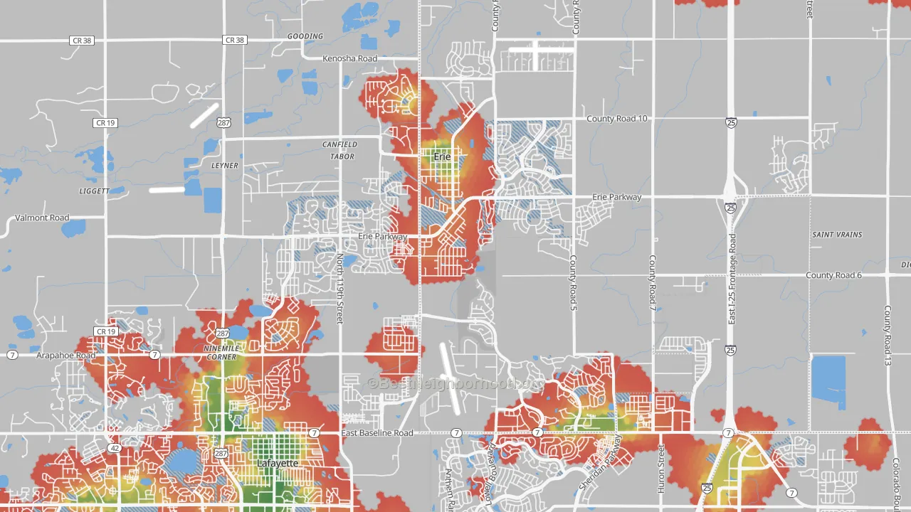 Walk Grade map of Erie, CO, walkable areas in green and car-dependent areas in red
