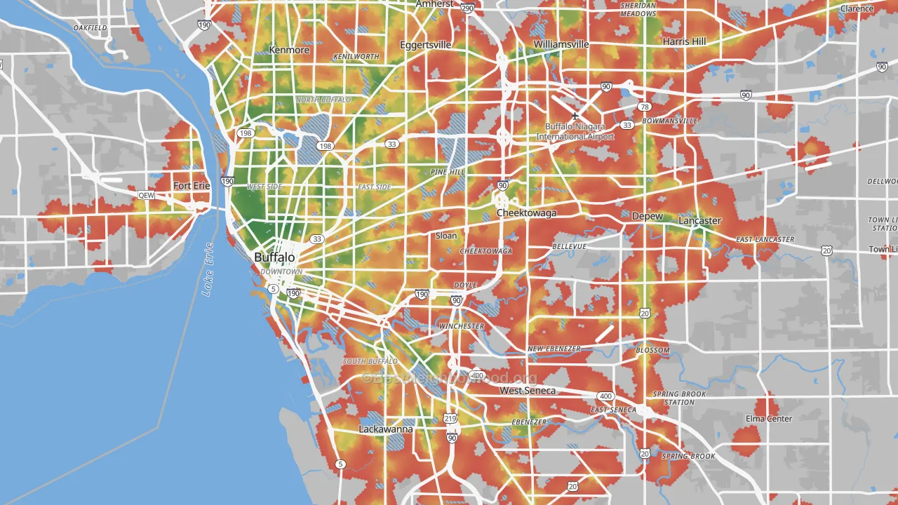 Walk Grade map of Erie County, NY, walkable areas in green and car-dependent areas in red
