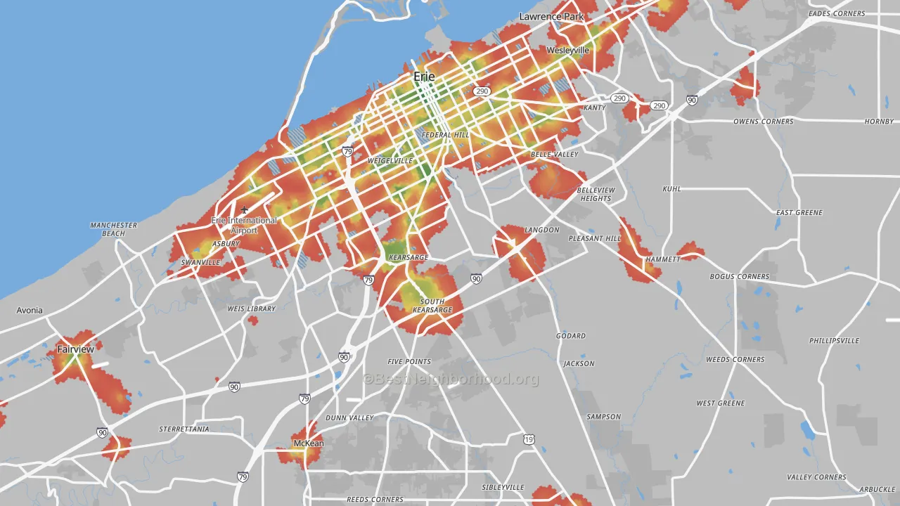 Walk Grade map of Erie County, PA, walkable areas in green and car-dependent areas in red