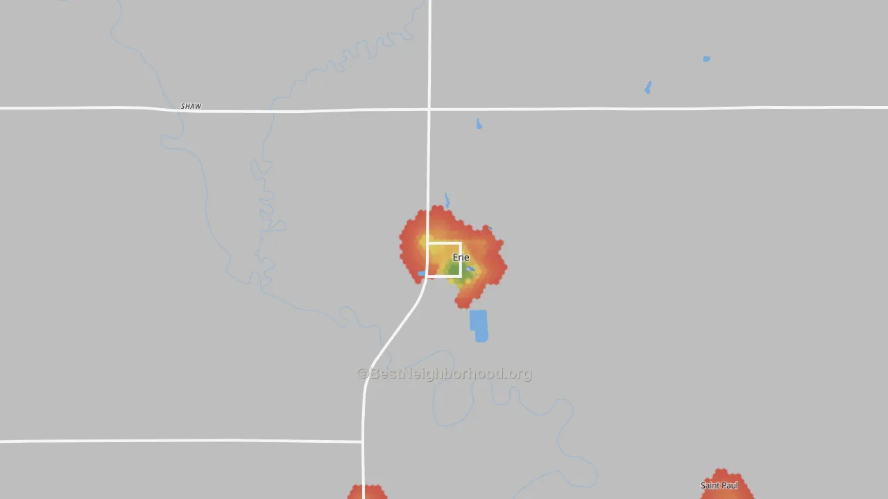 Walk Grade map of Erie, KS, walkable areas in green and car-dependent areas in red