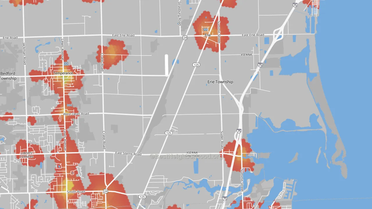 Walk Grade map of Erie, MI, walkable areas in green and car-dependent areas in red